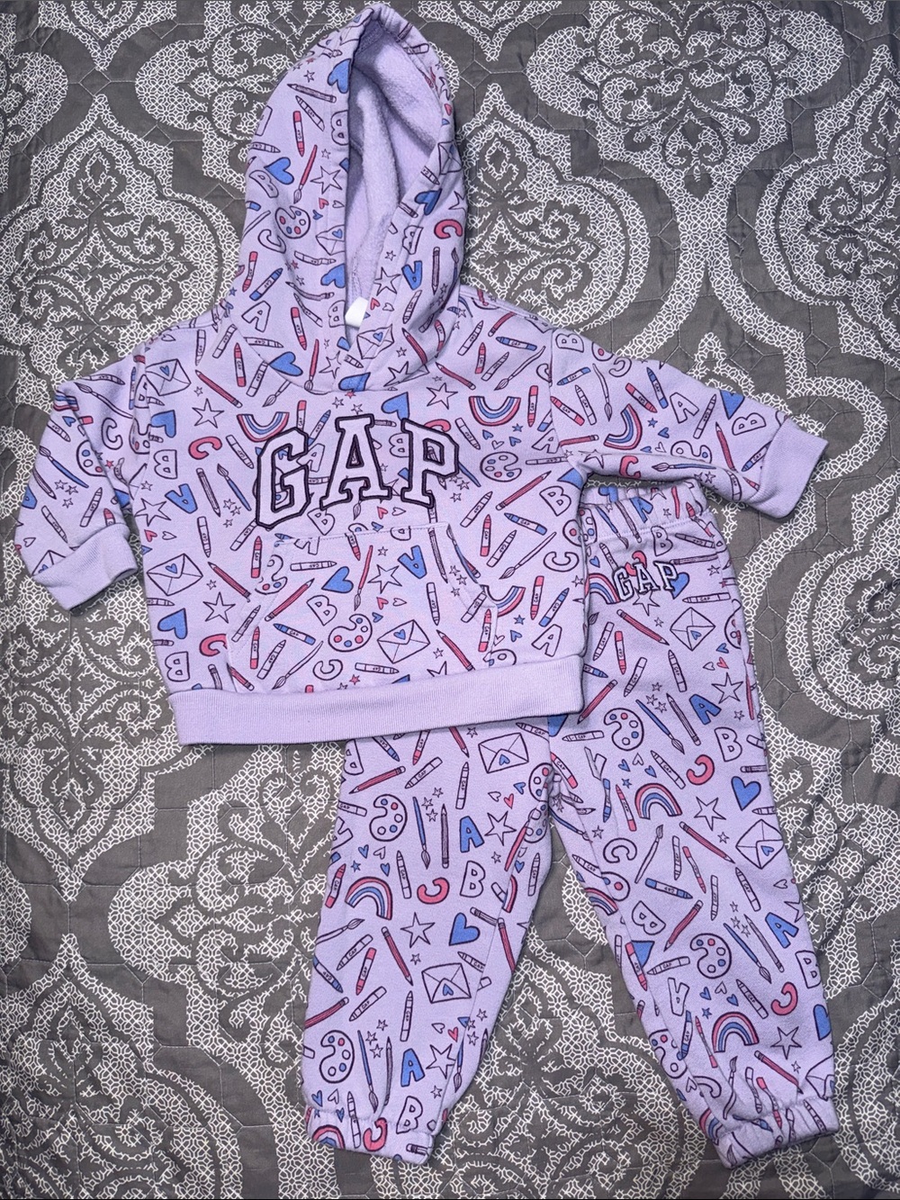 GAP Lavender Doodle Print Hooded matching Jogger Suit with Pink & Blue Accents